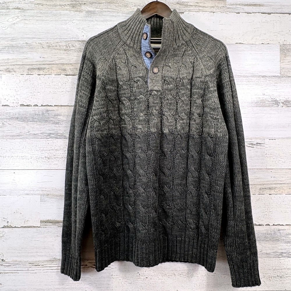 Weatherproof Vintage Sweater Mens L Olive Green Cable Knit Mock Neck Fisherman